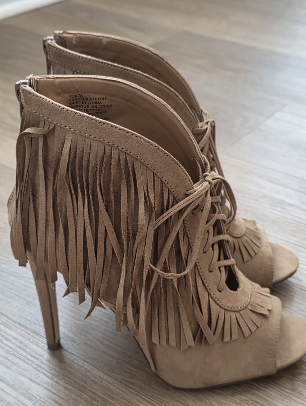 JustFab Fringed Lace-Up Peep Toe Western Ankle Boots Heels - Tan